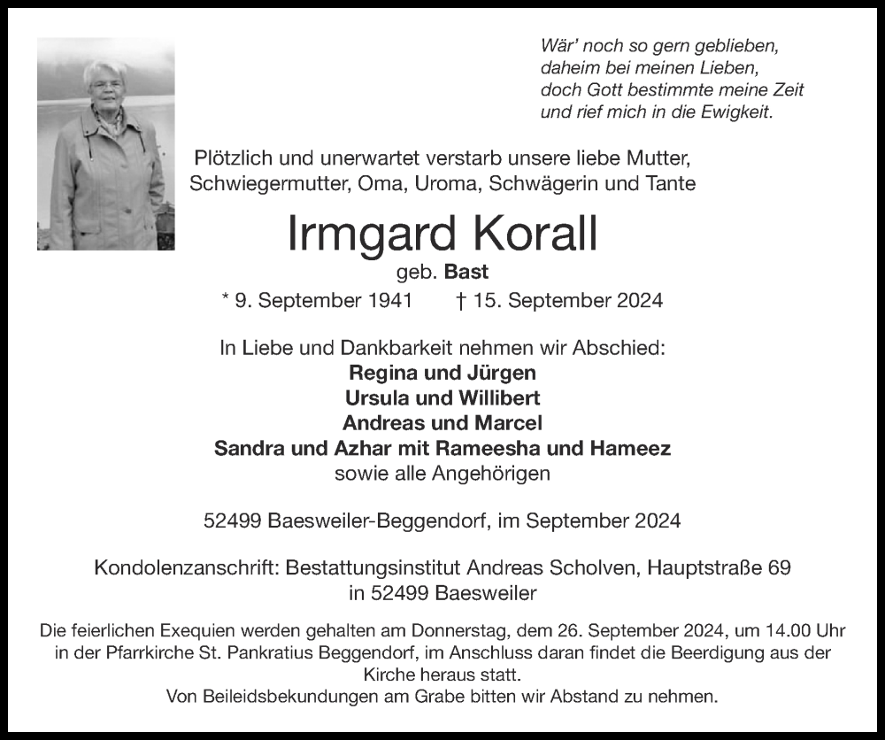  Traueranzeige für Irmgard Korall vom 22.09.2024 aus Zeitung am Sonntag