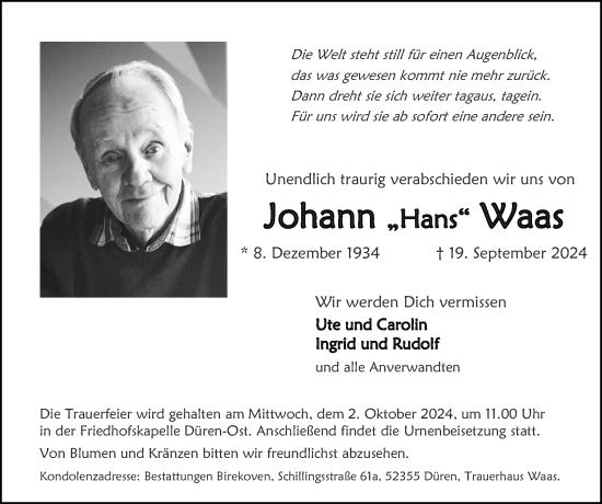 Traueranzeige von Johann  Waas von Zeitung am Sonntag
