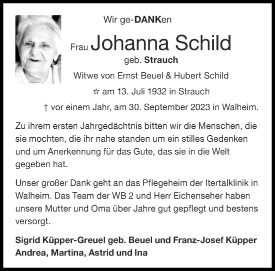 Traueranzeige von Johanna Schild von Aachener Zeitung