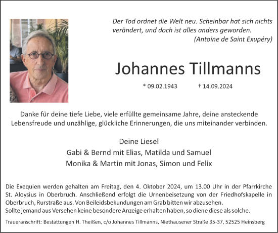 Traueranzeige von Johannes Tillmanns von Zeitung am Sonntag