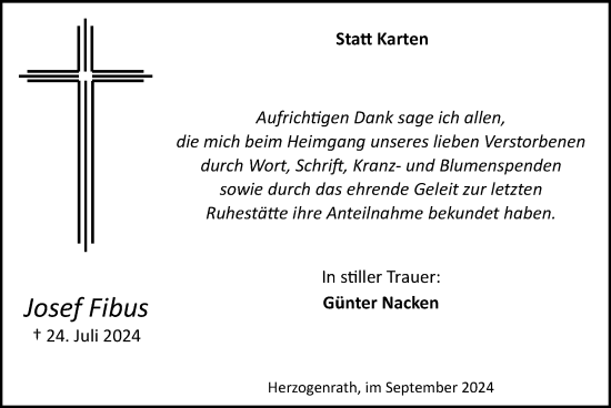 Traueranzeige von Josef Fibus von Zeitung am Sonntag
