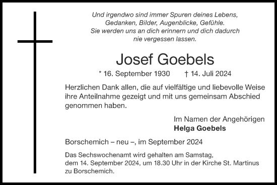 Traueranzeige von Josef Goebels von Zeitung am Sonntag