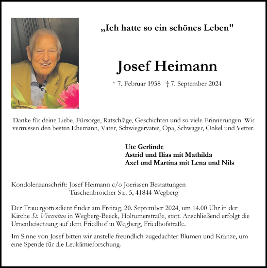Traueranzeige von Josef Heimann von Zeitung am Sonntag
