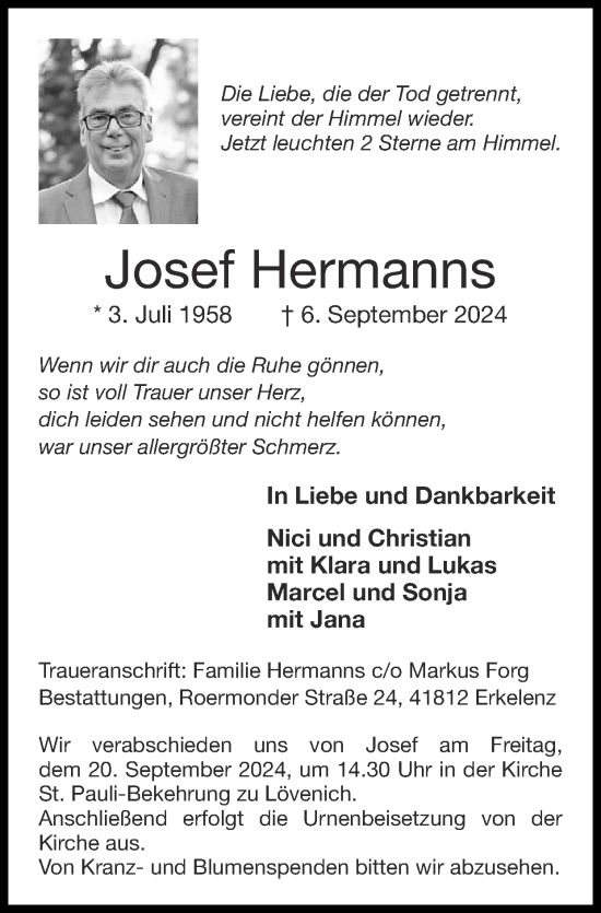 Traueranzeige von Josef Hermanns von Zeitung am Sonntag