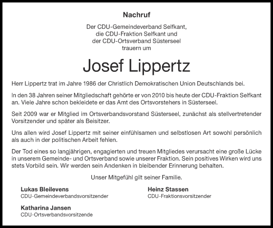Traueranzeige von Josef Lippertz von Zeitung am Sonntag