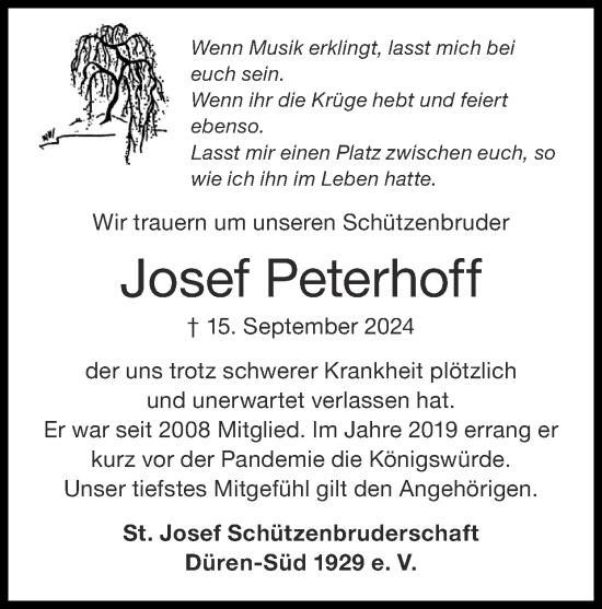 Traueranzeige von Josef Peterhoff von Zeitung am Sonntag