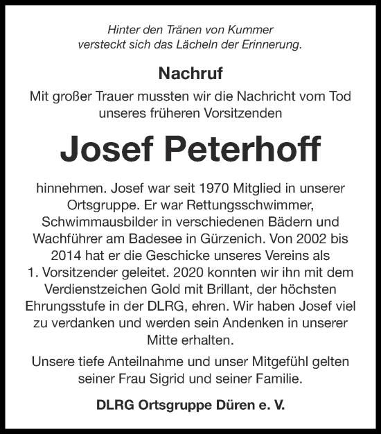 Traueranzeige von Josef Peterhoff von Zeitung am Sonntag