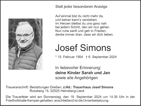 Traueranzeige von Josef Simons von Zeitung am Sonntag