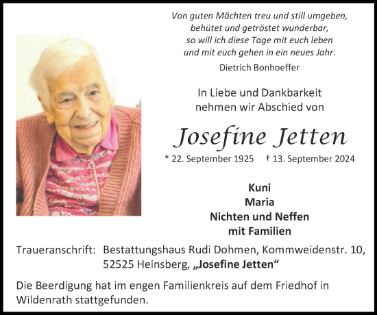 Traueranzeige von Josefine Jetten von Zeitung am Sonntag
