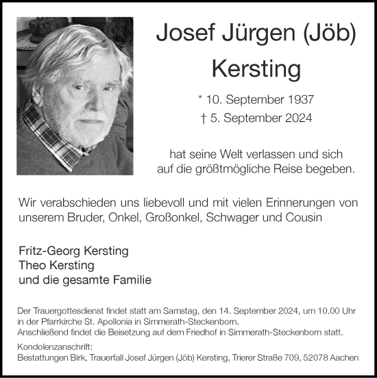 Traueranzeige von Josef Jürgen Kersting von Zeitung am Sonntag