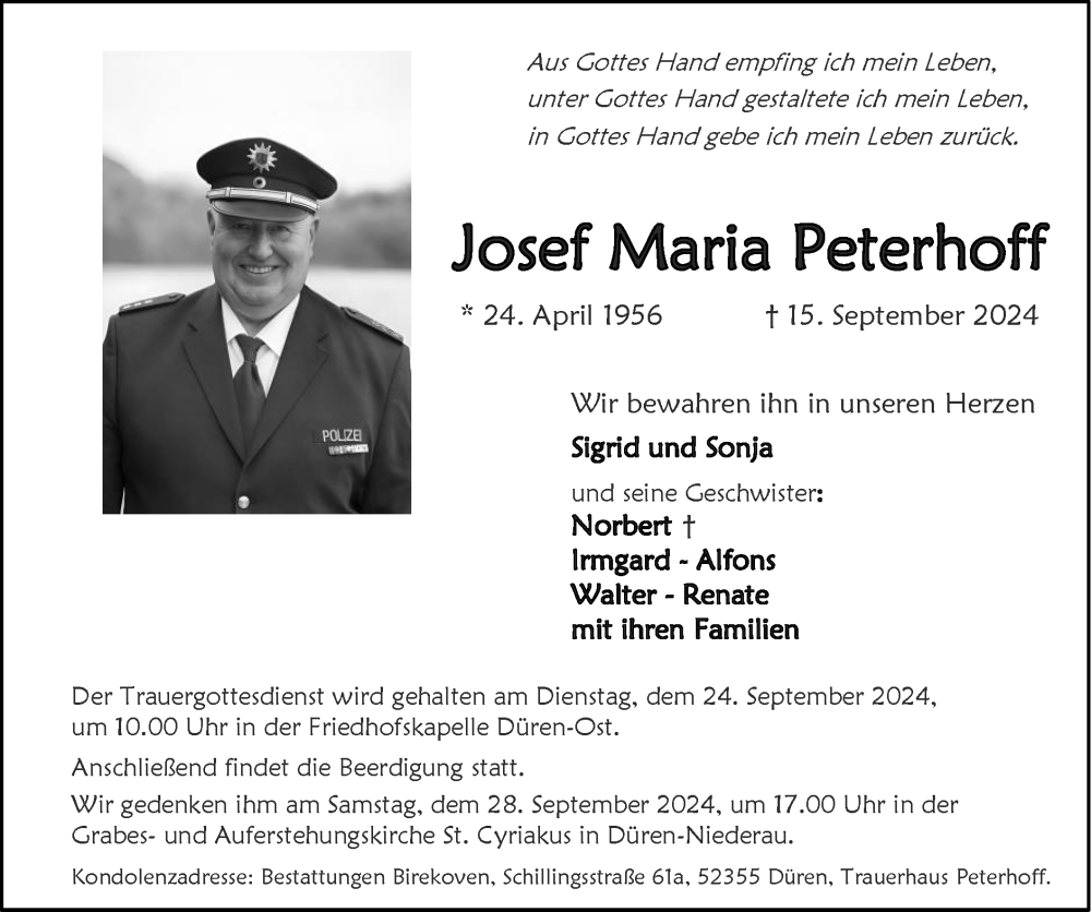  Traueranzeige für Josef Maria Peterhoff vom 22.09.2024 aus Zeitung am Sonntag
