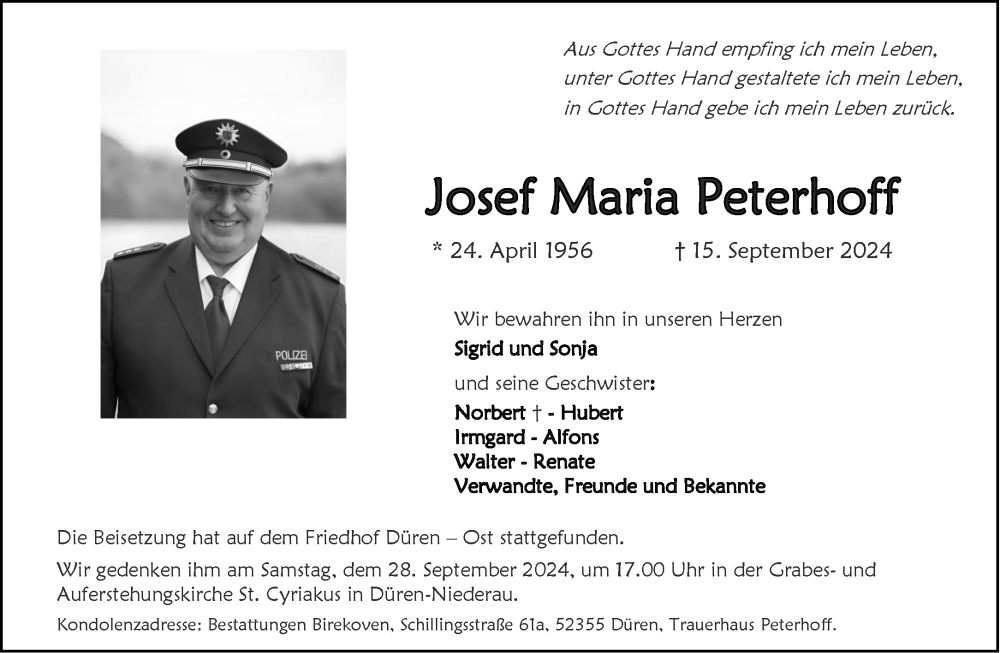  Traueranzeige für Josef Maria Peterhoff vom 28.09.2024 aus Aachener Zeitung