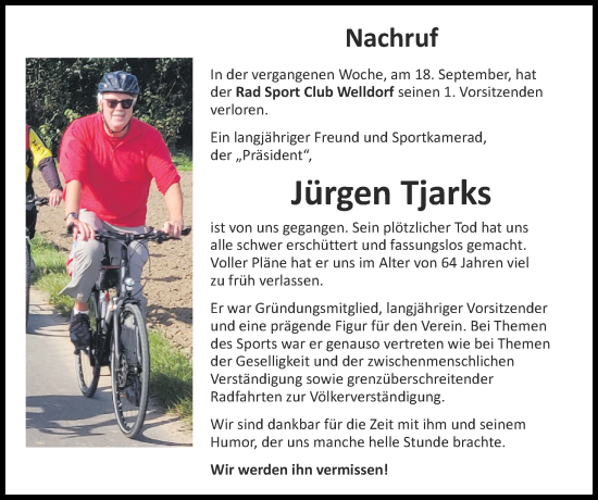 Traueranzeige von Jürgen Tjarks von Zeitung am Sonntag