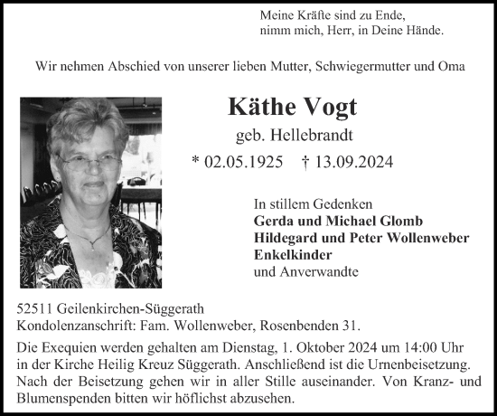 Traueranzeige von Käthe Vogt von Zeitung am Sonntag