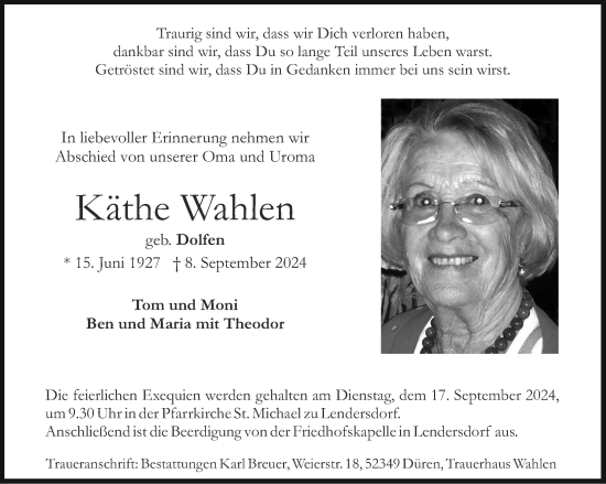 Traueranzeige von Käthe Wahlen von Aachener Zeitung
