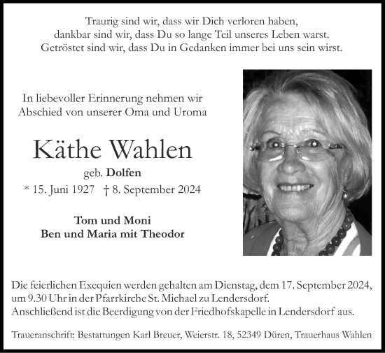 Traueranzeige von Käthe Wahlen von Zeitung am Sonntag