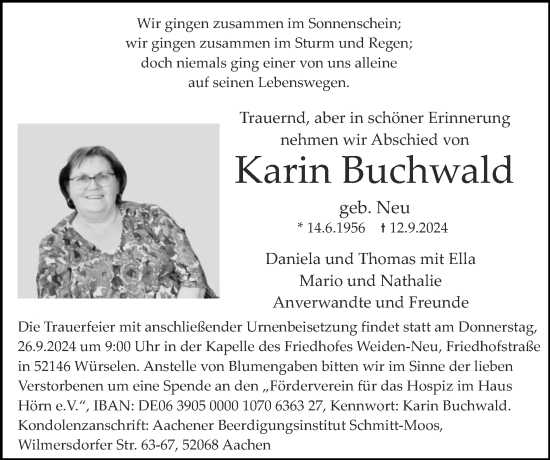 Traueranzeige von Karin Buchwald von Zeitung am Sonntag