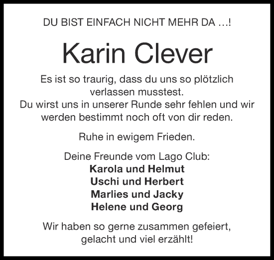 Traueranzeige von Karin Clever von Zeitung am Sonntag