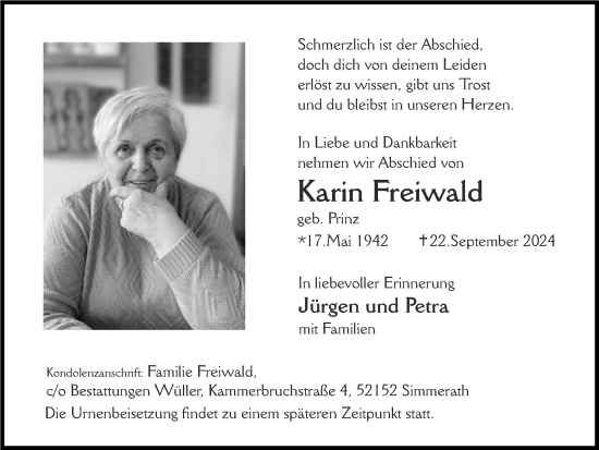 Traueranzeige von Karin Freiwald von Zeitung am Sonntag