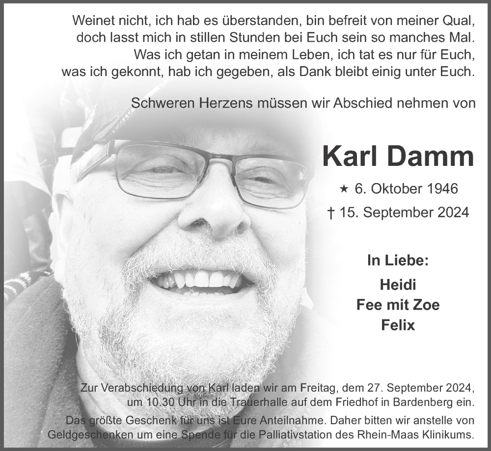  Traueranzeige für Karl Damm vom 22.09.2024 aus Zeitung am Sonntag