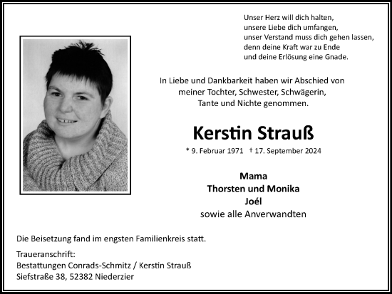 Traueranzeige von Kerstin Strauß von Zeitung am Sonntag