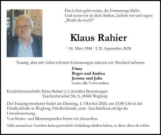Traueranzeige von Klaus Rahier von Zeitung am Sonntag