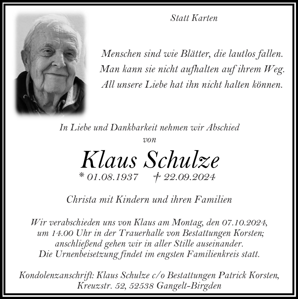  Traueranzeige für Klaus Schulze vom 29.09.2024 aus Zeitung am Sonntag