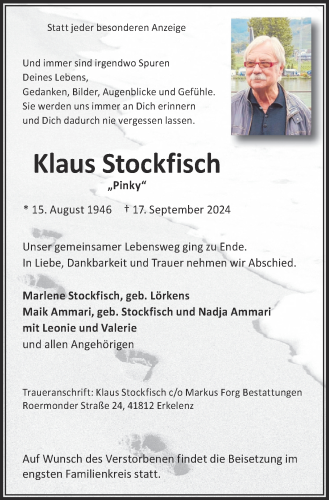  Traueranzeige für Klaus Stockfisch vom 22.09.2024 aus Zeitung am Sonntag
