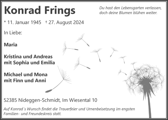 Traueranzeige von Konrad Frings von Zeitung am Sonntag