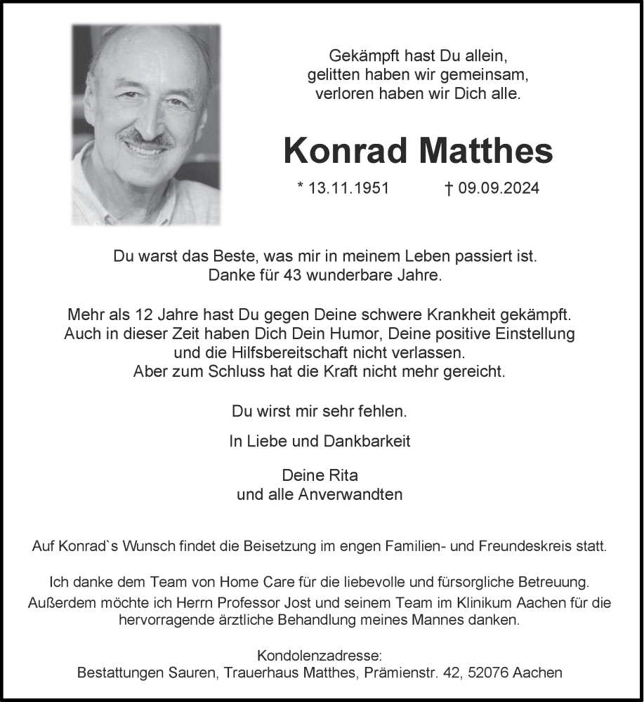  Traueranzeige für Konrad Matthes vom 14.09.2024 aus Aachener Zeitung