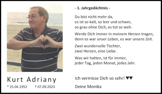 Traueranzeige von Kurt Adriany von Zeitung am Sonntag