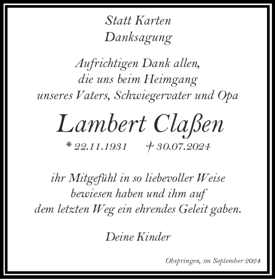 Traueranzeige von Lambert Claßen von Zeitung am Sonntag