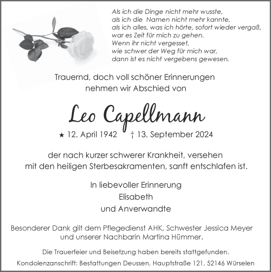 Traueranzeige von Leo Capellmann von Zeitung am Sonntag