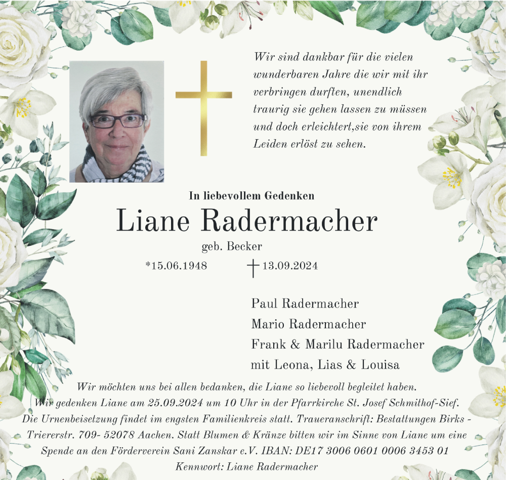  Traueranzeige für Liane Radermacher vom 21.09.2024 aus Aachener Zeitung