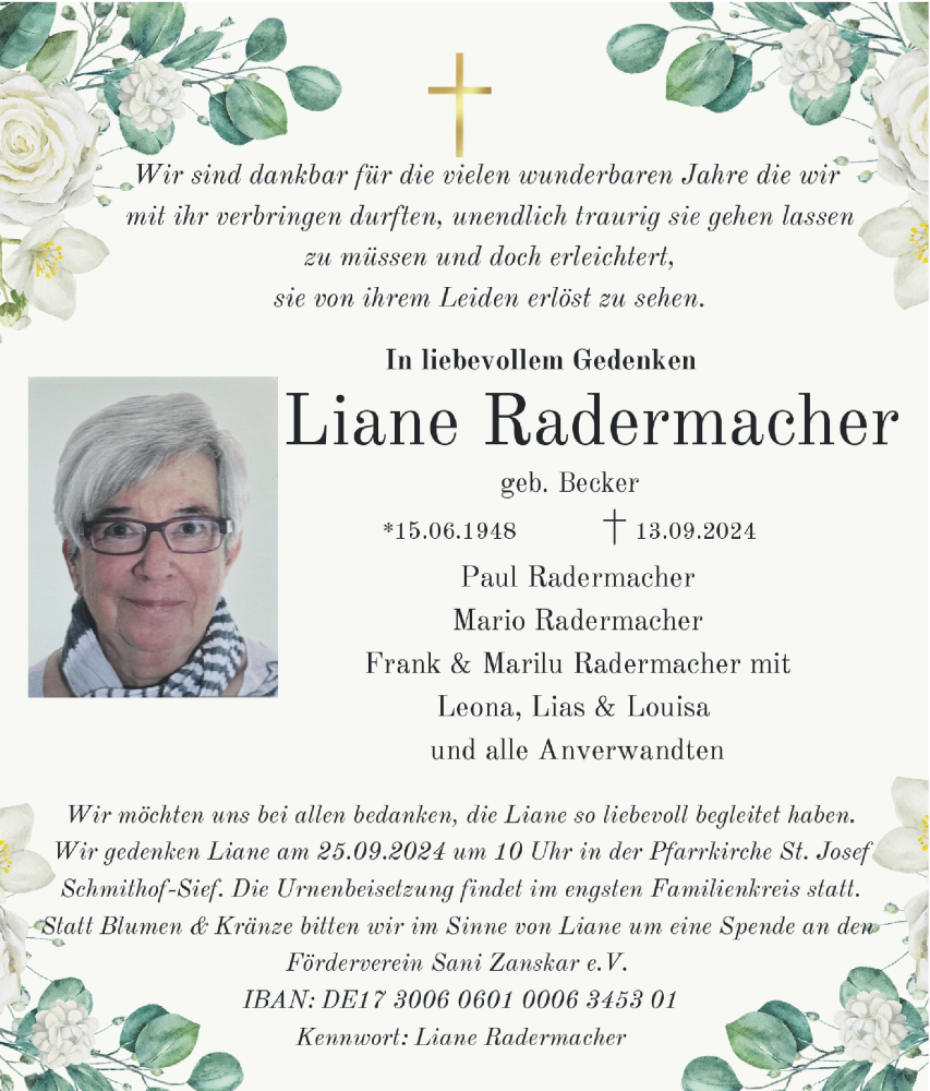  Traueranzeige für Liane Radermacher vom 22.09.2024 aus Zeitung am Sonntag
