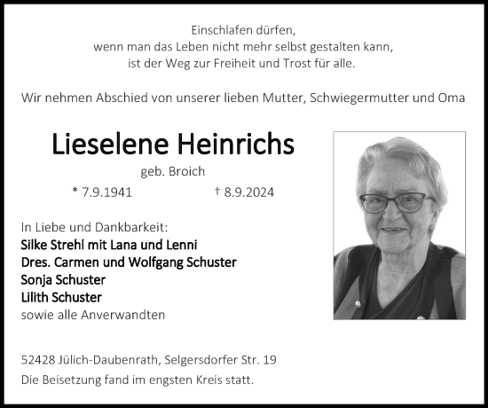 Traueranzeige von Lieselene Heinrichs von Zeitung am Sonntag