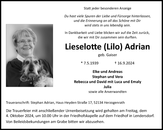 Traueranzeige von Lieselotte Adrian von Aachener Zeitung