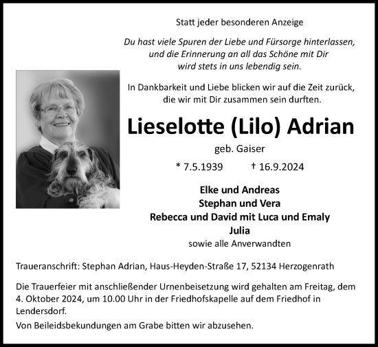 Traueranzeige von Lieselotte Adrian von Zeitung am Sonntag