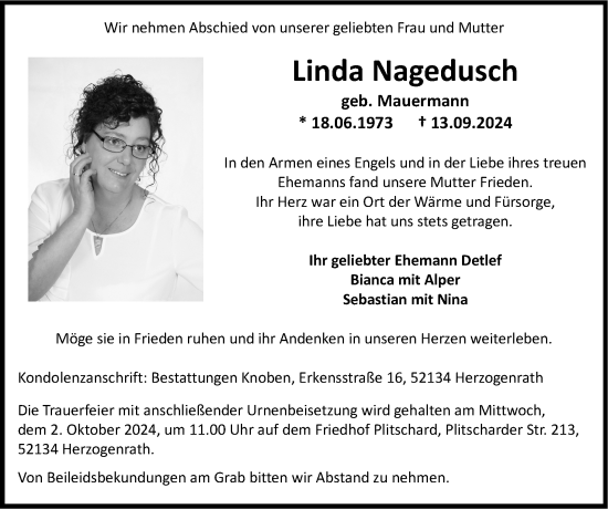 Traueranzeige von Linda Nagedusch von Zeitung am Sonntag