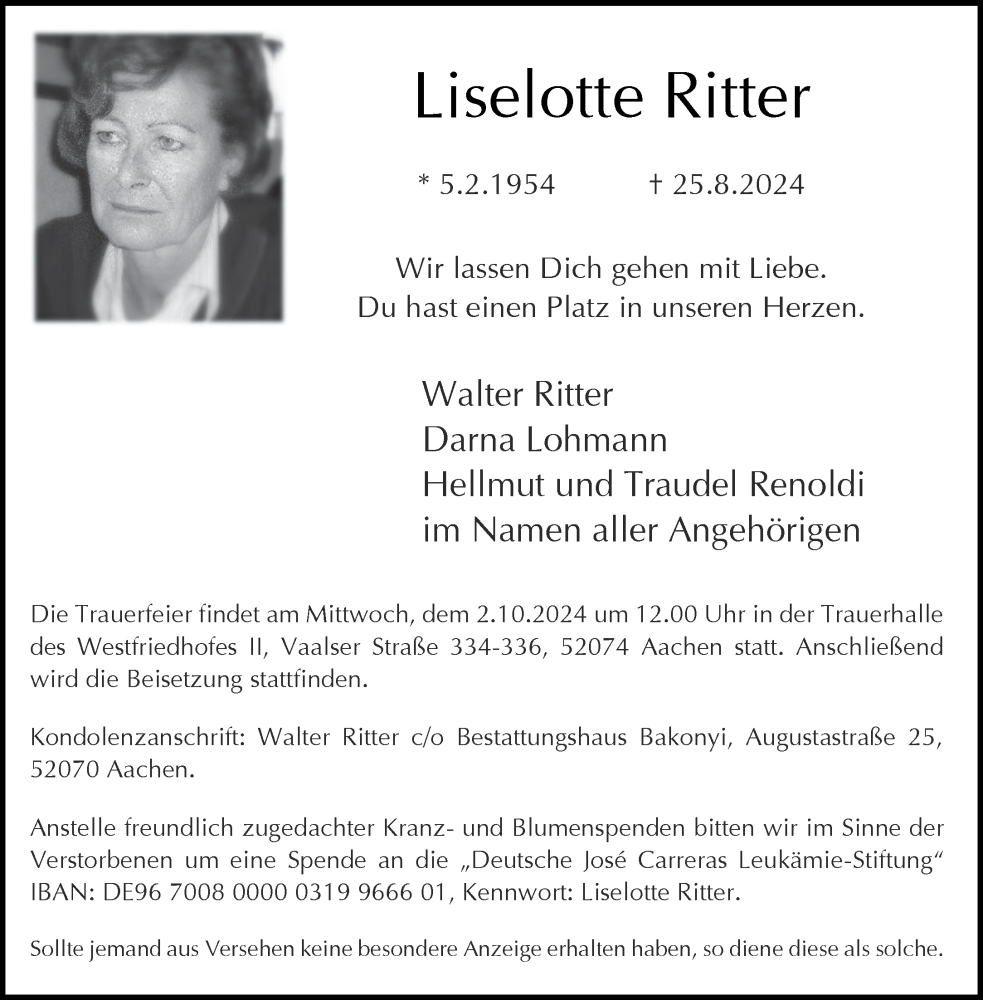  Traueranzeige für Liselotte Ritter vom 21.09.2024 aus Aachener Zeitung