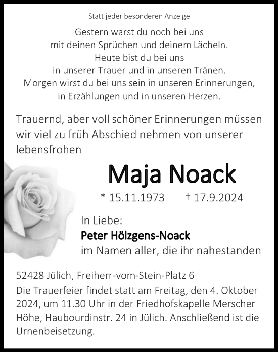 Traueranzeige von Maja Noack von Zeitung am Sonntag