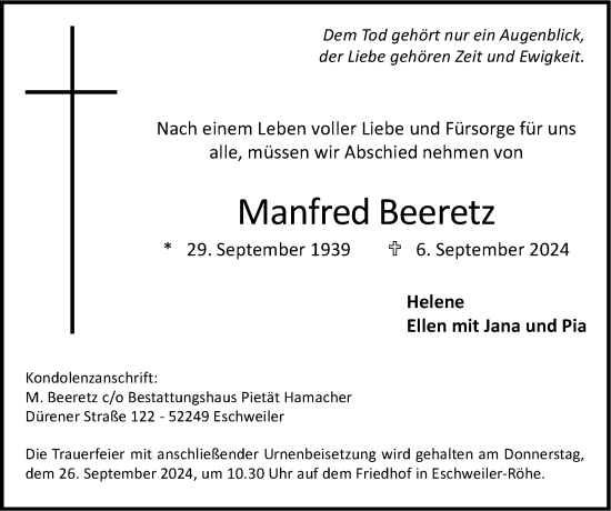 Traueranzeige von Manfred Beeretz von Zeitung am Sonntag