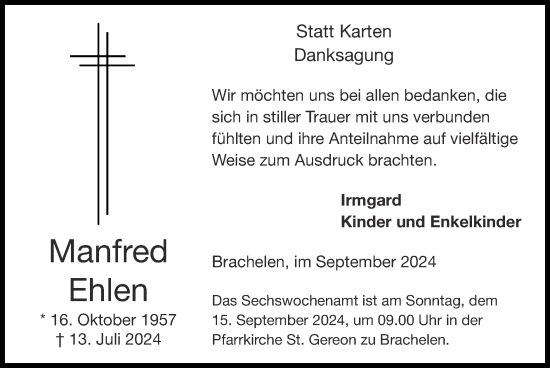 Traueranzeige von Manfred Ehlen von Zeitung am Sonntag