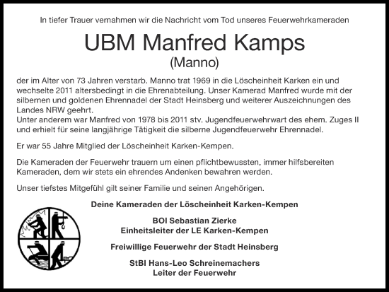 Traueranzeige von Manfred Kamps von Zeitung am Sonntag