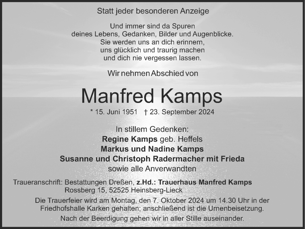  Traueranzeige für Manfred Kamps vom 29.09.2024 aus Zeitung am Sonntag