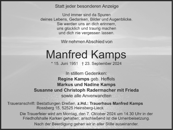 Traueranzeige von Manfred Kamps von Zeitung am Sonntag