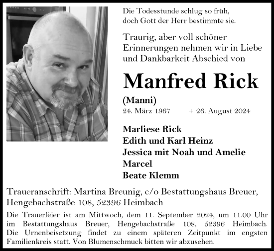 Traueranzeige von Manfred Rick von Zeitung am Sonntag