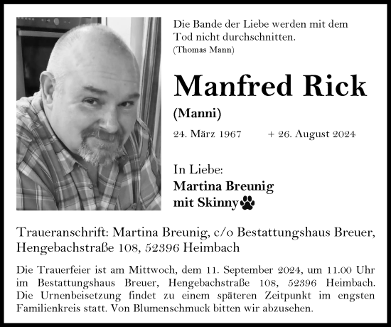 Traueranzeige von Manfred Rick von Zeitung am Sonntag