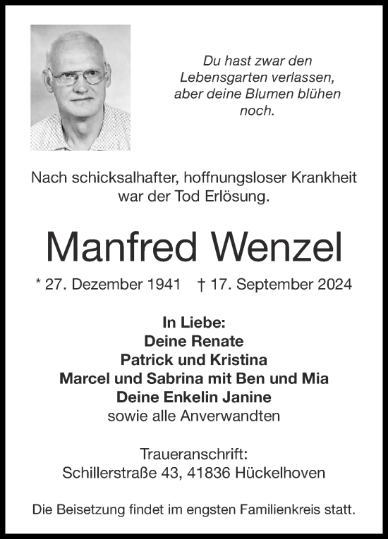 Traueranzeige von Manfred Wenzel von Zeitung am Sonntag