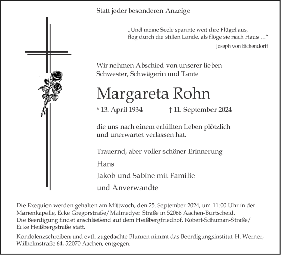 Traueranzeige von Margareta Rohn von Aachener Zeitung